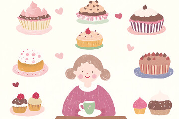 A woman sitting at a cozy café table, holding a cup of coffee, as an assortment of cakes and cupcakes floats whimsically above her head in a circular motion, creating a magical and charming scene.

