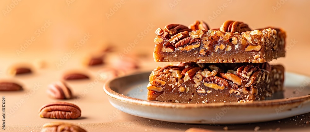Poster a close-up of sweet maple pecan bars piled high with almonds on a little dish with a bright orange b