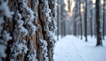 Frosty Tree Trunk in Winter Forest