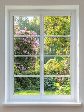 Fototapeta Bright garden view through a clean window showcasing vibrant flowers and lush greenery. Generative AI