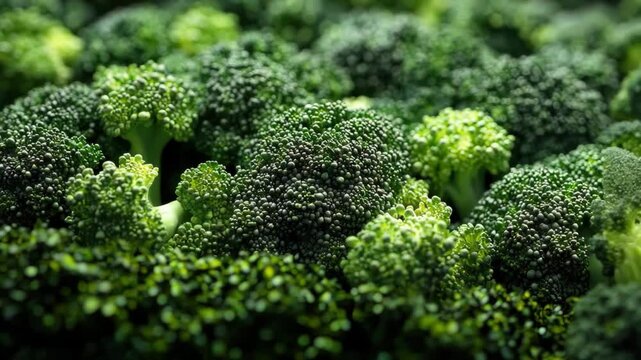 A bunch of broccoli is shown in a close up. The broccoli is green and has a lot of leaves