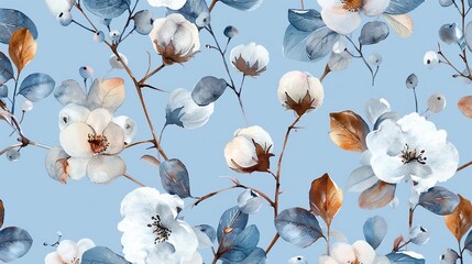 A representation of wintry blossoms with cotton berries and leaves with twigs rendered in painting and isolated on an aqua blue canvas, Generative AI.