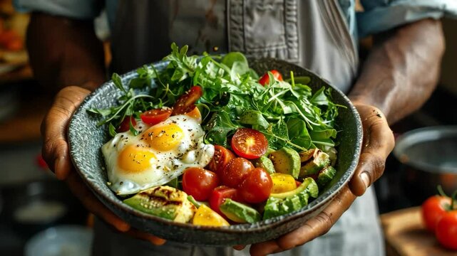 A person is holding a bowl of food that contains eggs, tomatoes, and greens. The bowl is placed on a table, and the person is wearing an apron. Concept of healthy eating