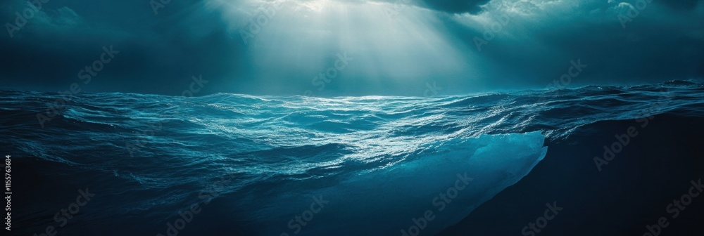 Poster melting iceberg drifting in a serene blue ocean under moody clouds and shimmering sunlight. generati