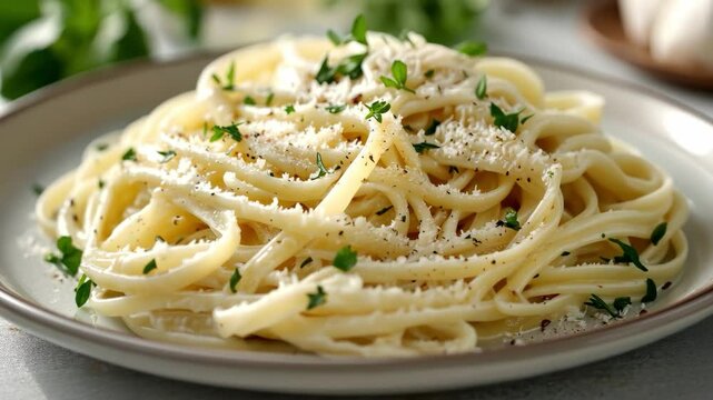 A plate of pasta with cheese and parsley on top. The pasta is long and white. The plate is on a table