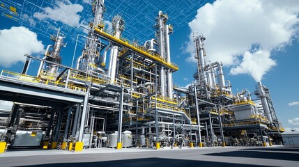 oil processing facility, blended with an image of global markets, representing the reach of fats and oils exports. | [Export products]:[Animal vegetable fats, oils, waxes] 