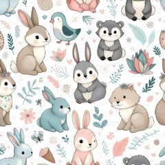 Children's wallpaper. Seamless pattern with rabbits, rodents and birds.