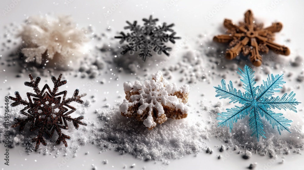 Poster a collection of various snowflakes resting on a snowy surface, showcasing intricate designs and diff
