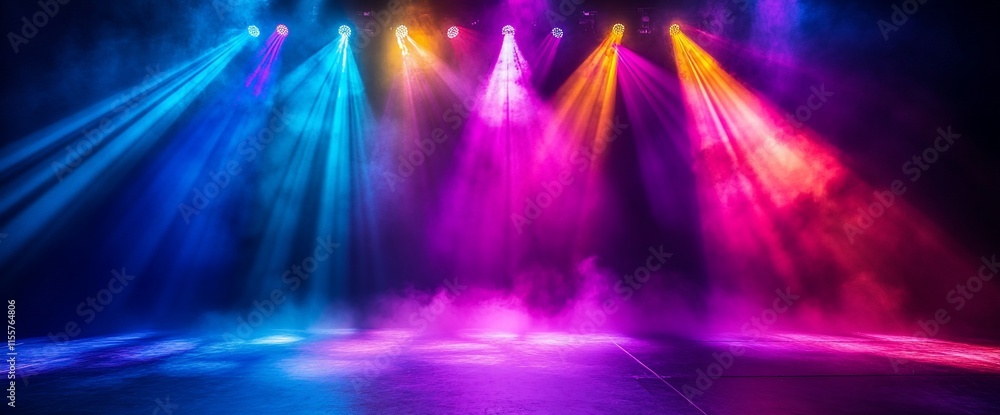 Poster colorful stage lights illuminating a performance area with fog effects.