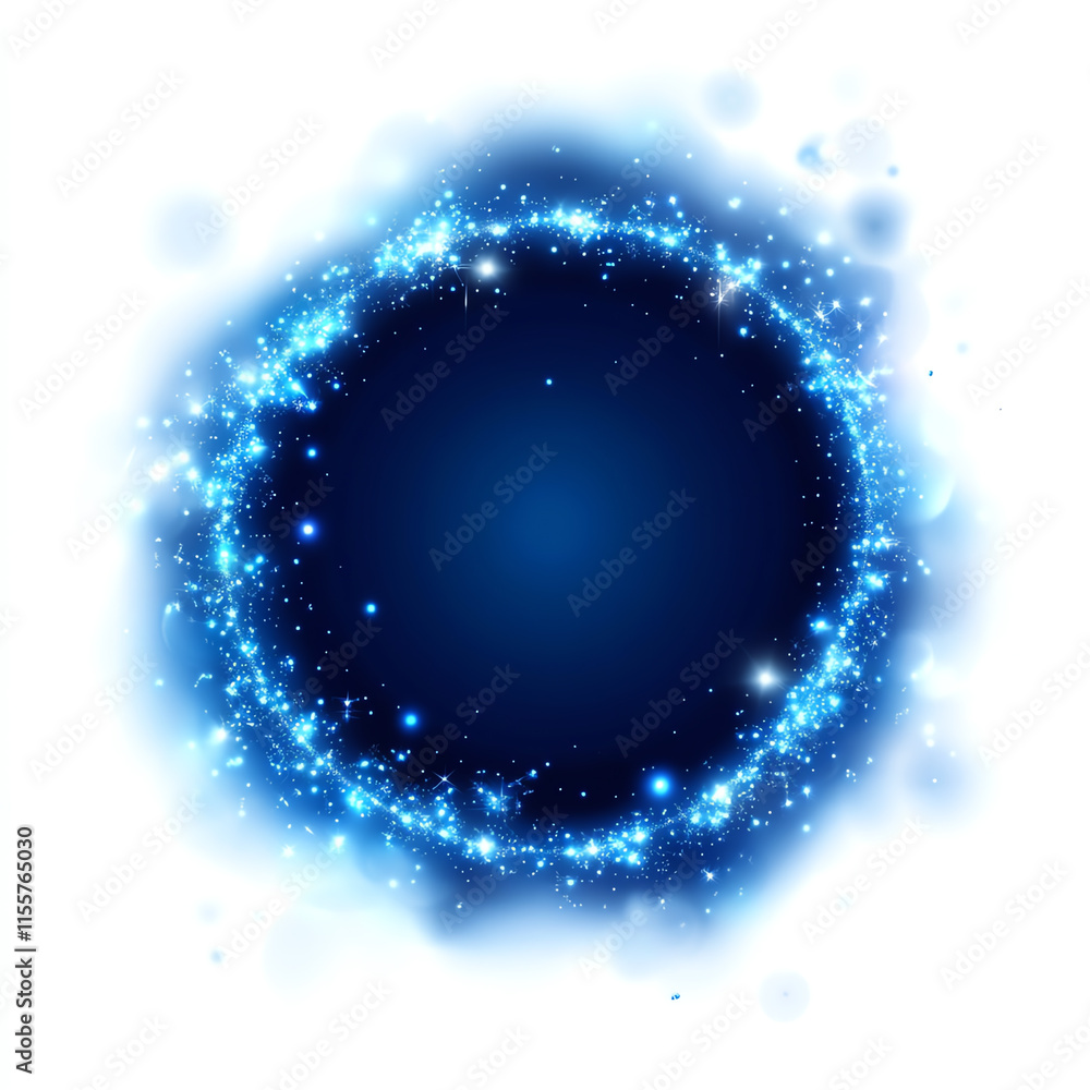 Poster a vibrant blue glowing circular design with sparkling effects, suitable for background and artistic 