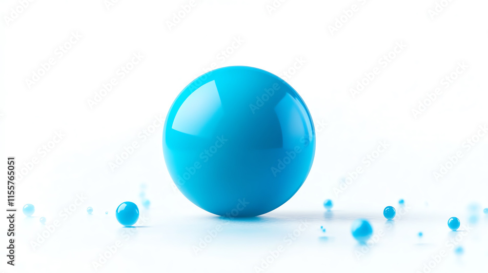 Poster a vibrant blue sphere centered on a white background with smaller blue droplets around, creating a s