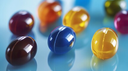 Colorful, glossy decorative eggs arranged on a reflective surface.