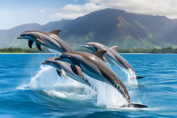 Fototapeta premium Spectacular Display of Playful Dolphins Leaping From Azure Ocean Amidst the Bright Rays of the Sun