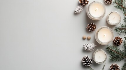Luxury holiday sale banner with exclusive offer text, candles, and pine cone accents
