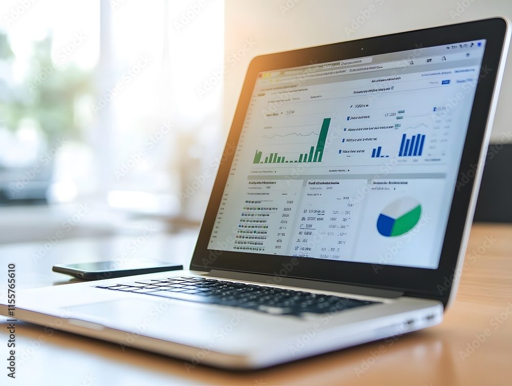 Aufkleber Modern Laptop Displaying Data Analytics Dashboard with Colorful Graphs, Charts, and Tables for Business Performance Analysis in Bright Workspace