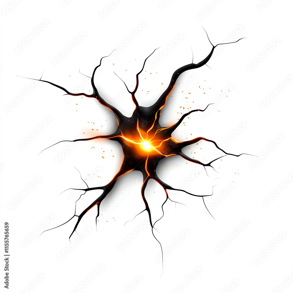 Poster abstract explosion design with black cracks and a glowing orange core on a white isolated background