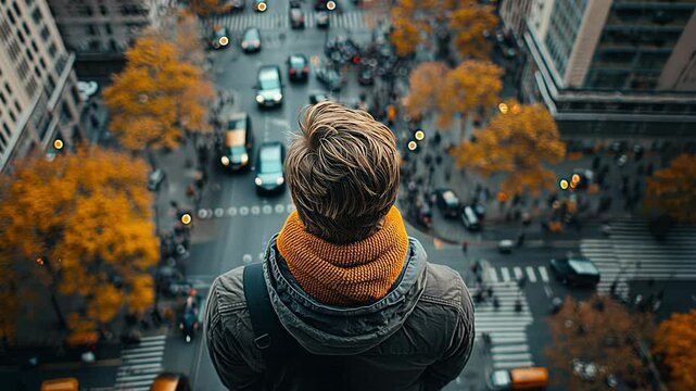 In an urban setting, a teenager stands on the roof of a tall building, looking down at the busy street filled with people and cars.