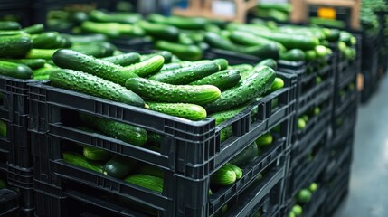 A crate of cucumbers is piled high in a warehouse