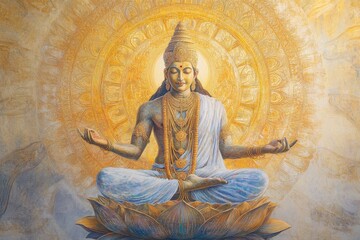 Brahma\'s divine creation unfolds from the cosmic lotus of Vishnu. Generative AI