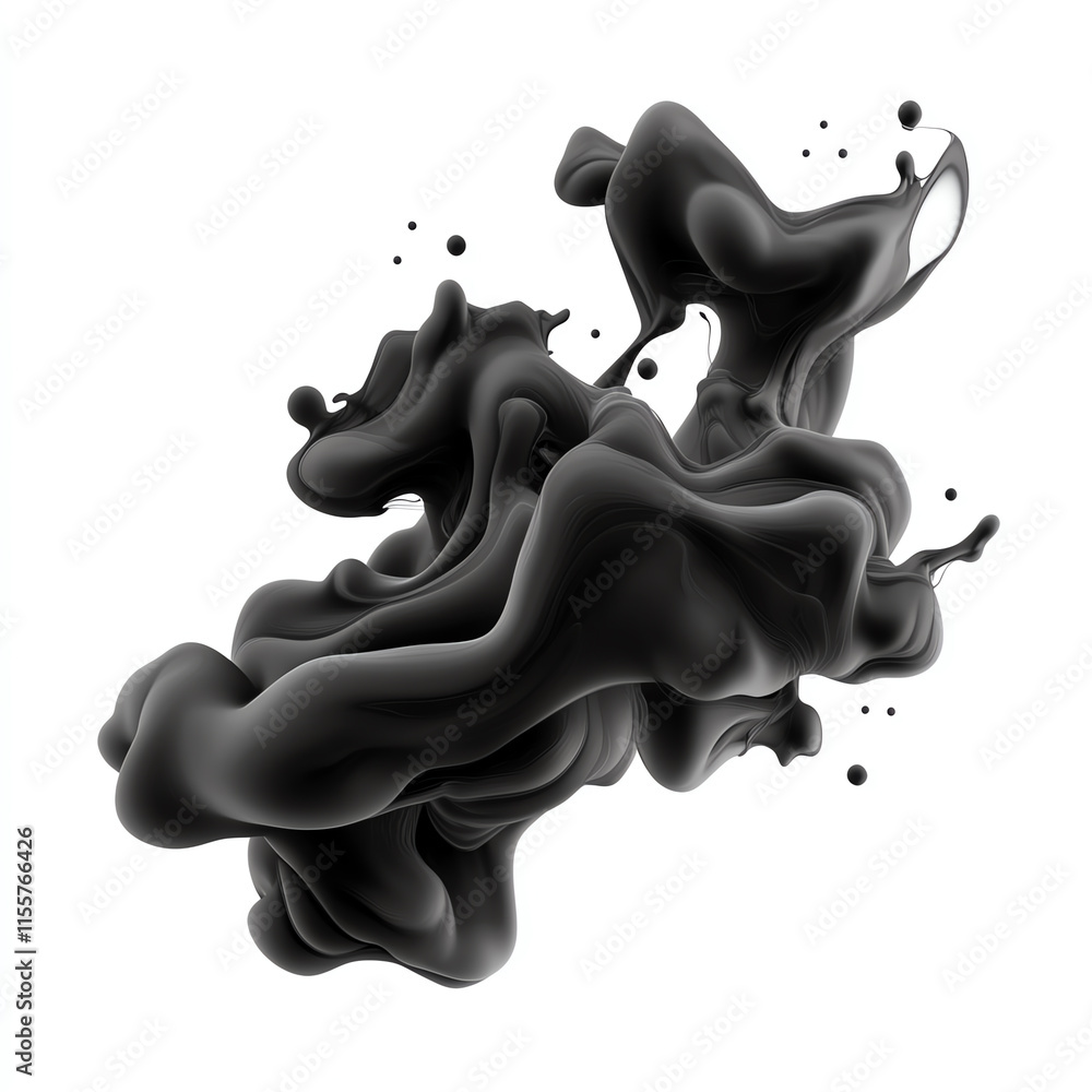 Poster black ink splash with dynamic fluid shapes, isolated on white background.