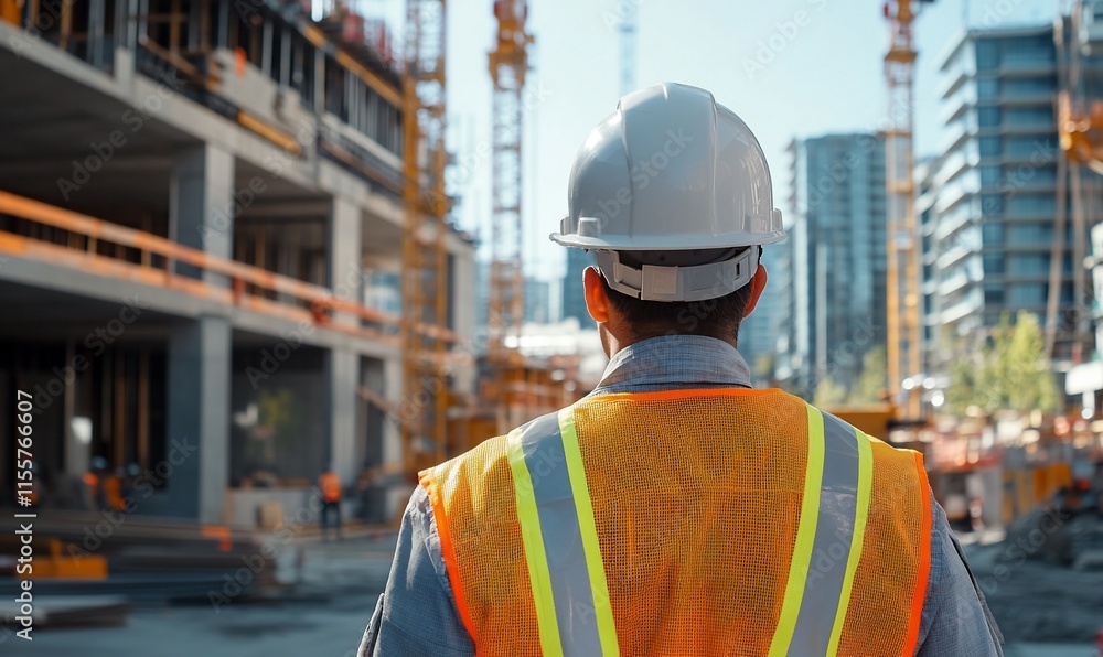 Poster construction worker observing a building site with cranes and scaffolding.