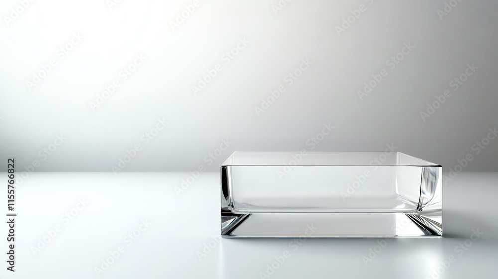 Poster clear glass block on a smooth surface with soft lighting.