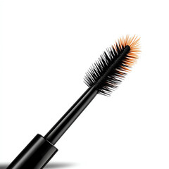 Close-up of a mascara brush with black bristles and orange tips on a white isolated background.