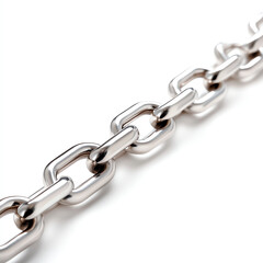 Fototapeta premium Close-up of a silver metal chain links on a white isolated background, showcasing its shiny and durable structure.