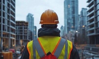 Construction worker observing a city skyline with ongoing development.