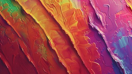 Red, orange, rusty yellow, green, blue, and purple abstract pattern with oil paint brush strokes,...