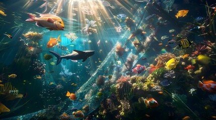 Fototapeta premium Colorful underwater ecosystem filled with diverse fish swimming among coral reefs