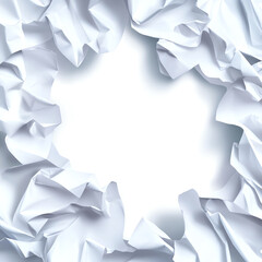 Crumpled white paper forming a circular frame on a clean background.