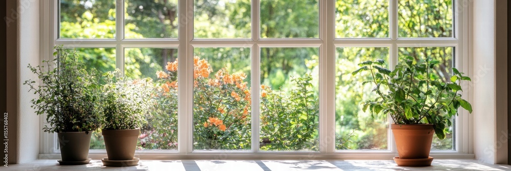 Poster bright garden view from a window with lush greenery and colorful flowers enhancing the indoor ambian