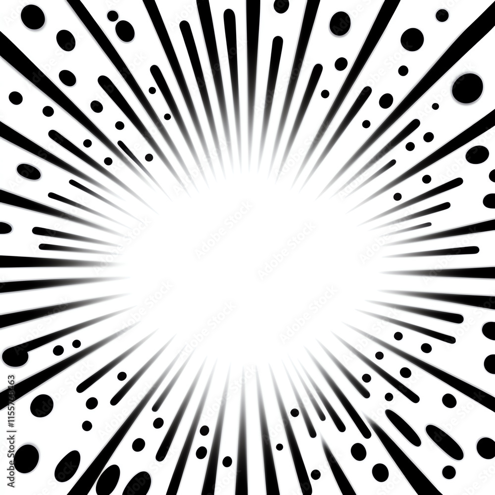 Aufkleber dynamic burst design with black rays and dots on a white background, ideal for graphic projects.