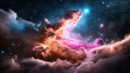 Obraz premium A breathtaking cosmic scene featuring vibrant nebulae, swirling gases, and sparkling stars, showcasing the beauty of the universe.