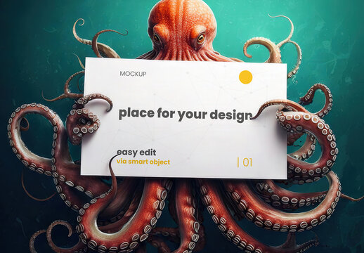 Big Octopus Kraken Holdign a Sign Page Poster Underwater Mockup