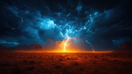 Obraz premium Dramatic thunderstorm with lightning over cracked desert