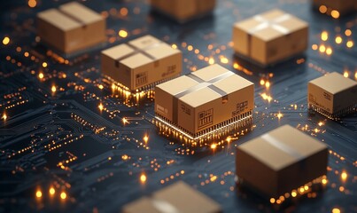 Digital circuit board with packages symbolizing e-commerce and technology.