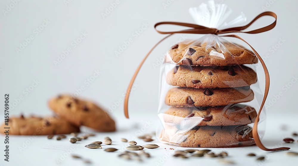 Poster delectable cookies with pumpkin and seeds placed vertically on a clear cellophane bag tied with a br