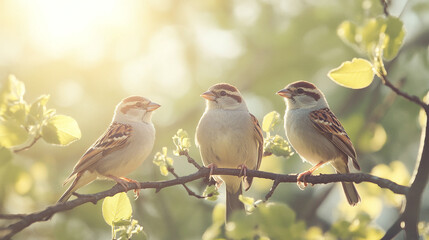 Closeup of three sparrow birds on a sunny tree branch with green leaves. small wild bird with grey and brown feathers on wings, ornithology wildlife, birdwatching, spring or summer environment.