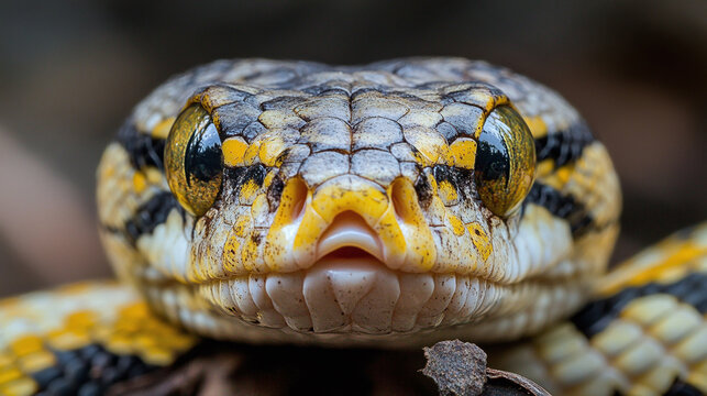 Closeup of yellow and white python snake. exotic reptile animal in wildlife nature macro photography, serpent eye and face, dangerous tropical species, forest, skin texture, crawling.