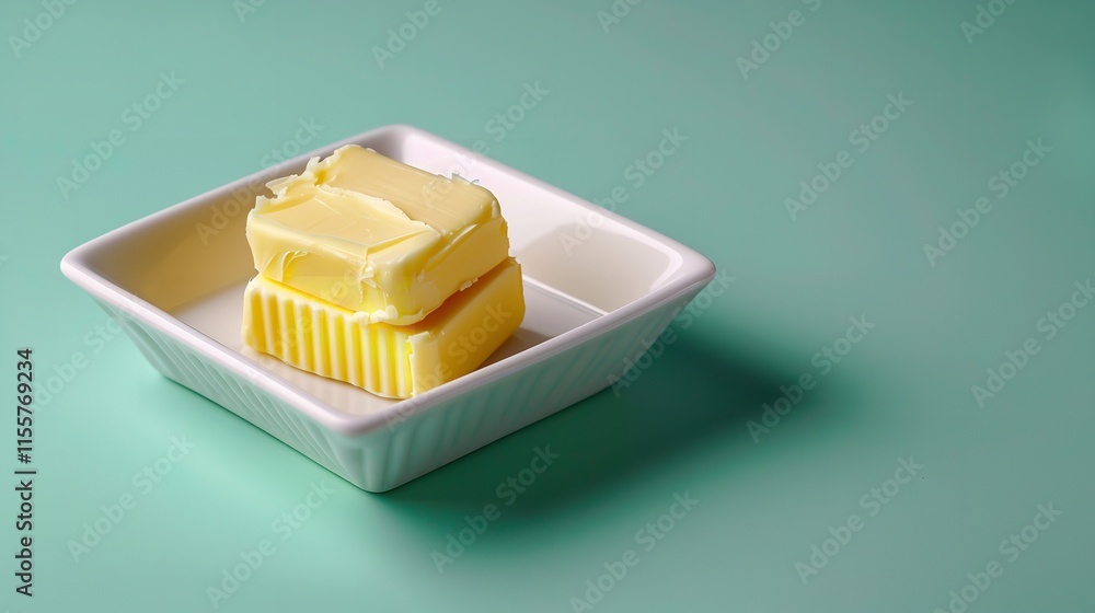 Poster a large copy area for usage as a backdrop featuring butter in a square white dish from above and up 