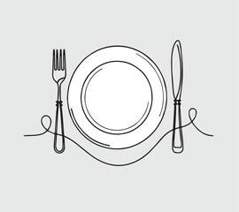 Plate knife, fork continuous outline drawing. Decoration for cafe or kitchen