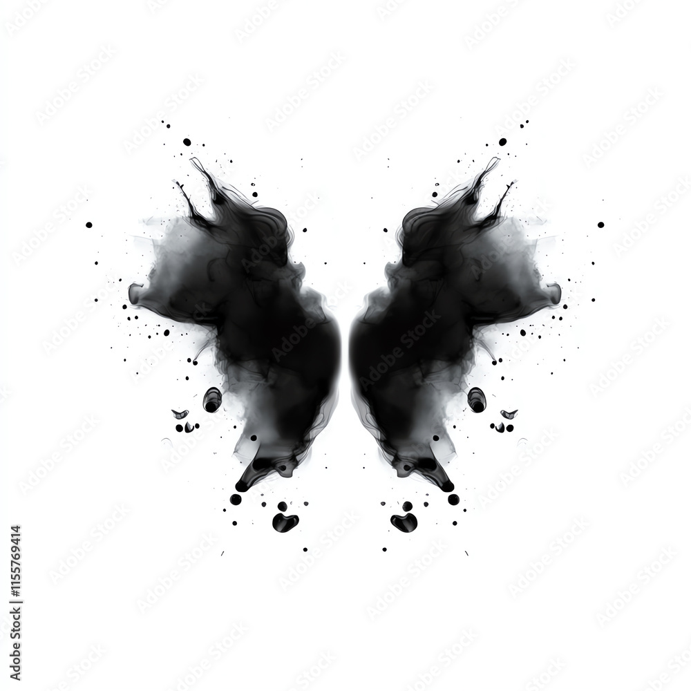 Poster ink blot design mirrored on a white isolate background, creating an abstract visual effect.
