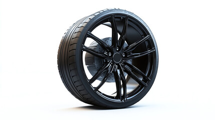 Obraz premium New black sports car wheel tire with alloy metal or aluminum rim isolated on white background. automobile vehicle transport equipment, road drive tyre, circle, repair, service.