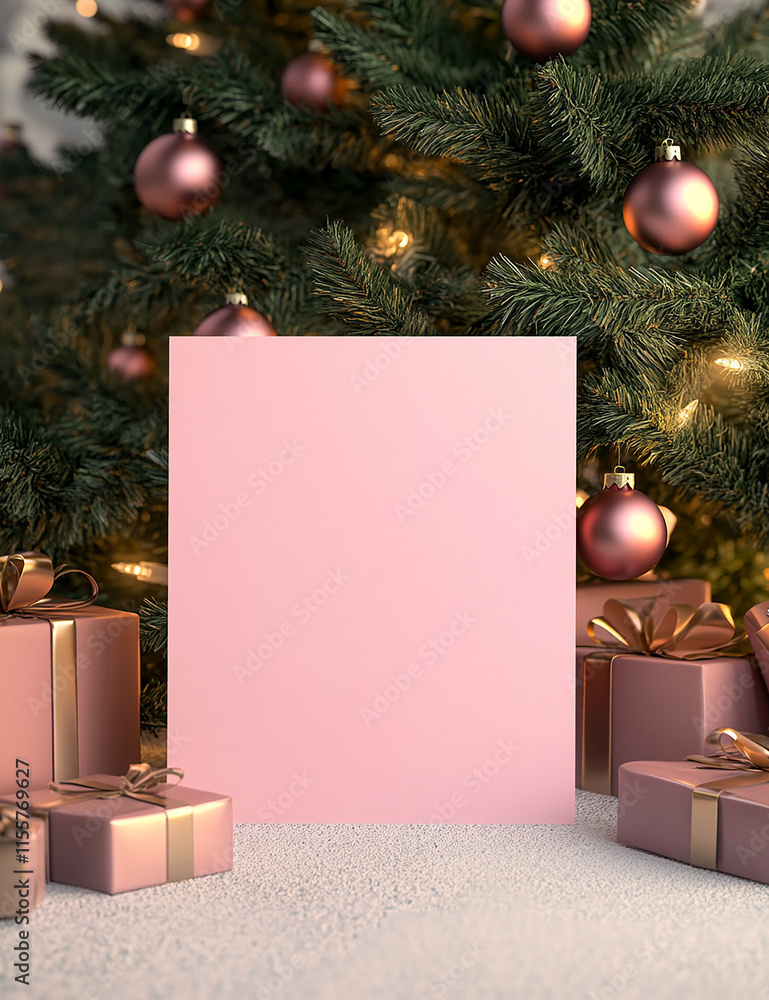 Poster mockup sits on a table next to a christmas tree and presents. the card is empty, but the tree and pr