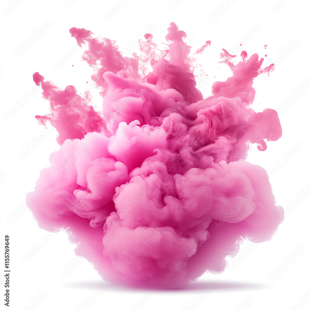 Poster pink smoke explosion on a white isolate background, creating a vibrant and dynamic visual effect.