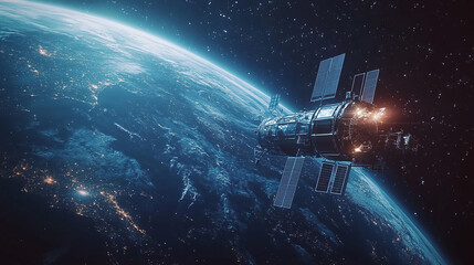 Satellite with solar panels floating in space above blue round planet earth globe. world orbit atmosphere, internet connection and communication technology, network, universe, science, exploration.