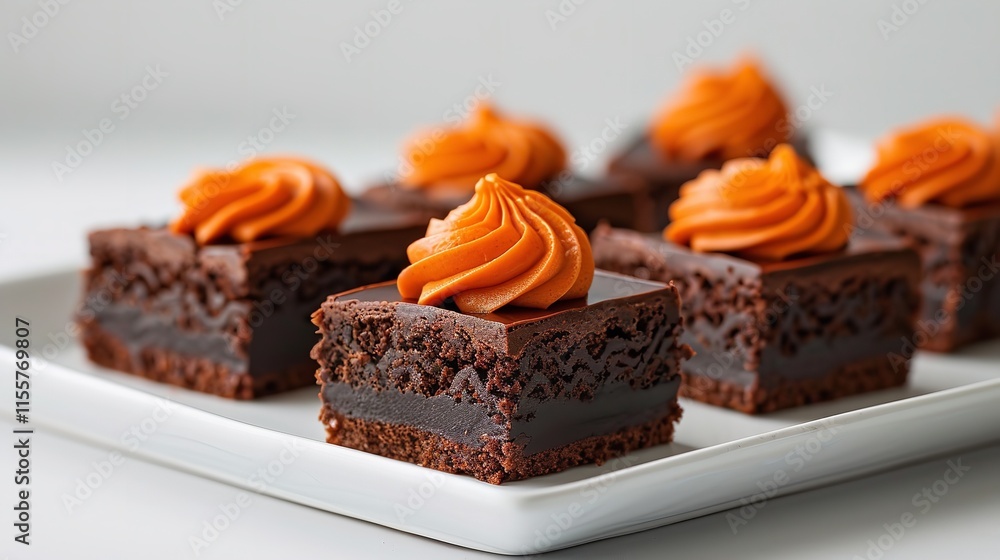 Poster close-up of delicious chocolate brownies with bright orange frosting on a white dish on a basic whit
