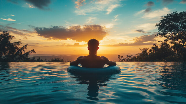 Silhouette of man sitting in a pool float, standing in swimming pool water at sunset. summer holiday vacation travel leisure and relax, enjoy fun luxury hotel resort lifestyle, villa, outdoors.